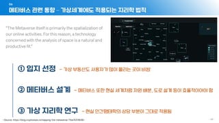 메타버스 관련 동향 – 가상세계에도 적용되는 지리학 법칙
06
- 46 -
① 입지 선정 - 가상 부동산도 사용자가 많이 몰리는 곳이 비쌈
② 메타버스 설계 - 메타버스 또한 현실 세계처럼 자원 배분, 도로 설계 등이 효율적이어야 함
③ 가상 지리학 연구 - 현실 인간행태학의 상당 부분이 그대로 적용됨
<Source: https://blog.cryptostars.is/mapping-the-metaverse-71be76378038>
 