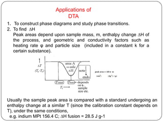Applications of
                            DTA
1. To construct phase diagrams and study phase transitions.
2. To find ∆H
   Peak areas depend upon sample mass, m, enthalpy change ∆H of
   the process, and geometric and conductivity factors such as
   heating rate φ and particle size (included in a constant k for a
   certain substance).




Usually the sample peak area is compared with a standard undergoing an
enthalpy change at a similar T (since the calibration constant depends on
T), under the same conditions,
 e.g. indium MPt 156.4 C; ∆H fusion = 28.5 J g-1
 