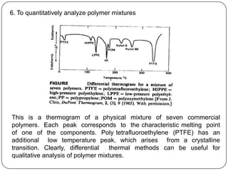 6. To quantitatively analyze polymer mixtures




This is a thermogram of a physical mixture of seven commercial
polymers. Each peak corresponds to the characteristic melting point
of one of the components. Poly tetrafluoroethylene (PTFE) has an
additional low temperature peak, which arises from a crystalline
transition. Clearly, differential   thermal methods can be useful for
qualitative analysis of polymer mixtures.
 