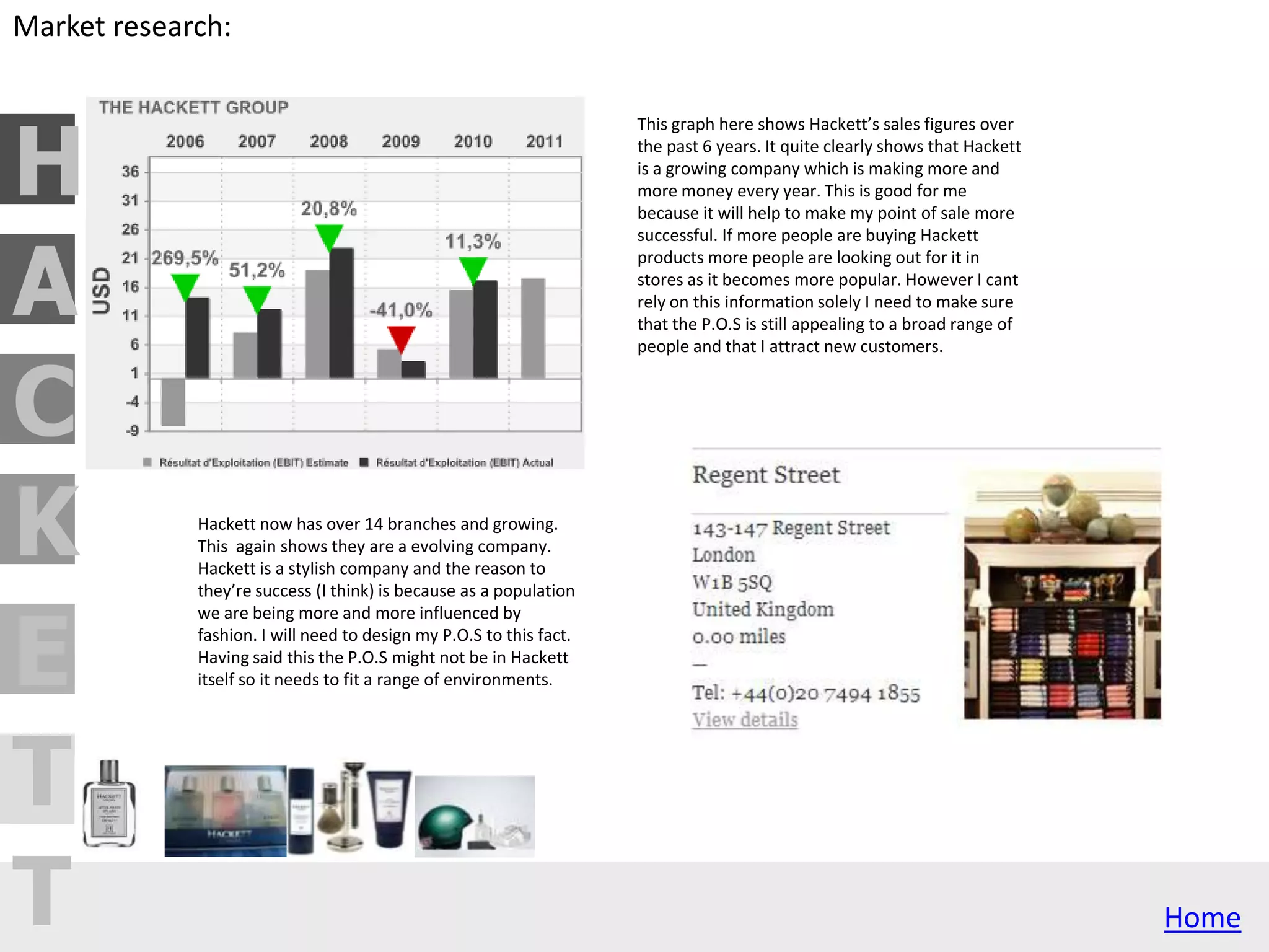 H
C
A
T
T
E
K
Home
Debenhams: This is the inside
of Debenhams. I think this is a
prime place to put my point of sale
because the fragrance part of the
shop is always by the entrance, exit
so it is bound to catch maximum
attention. Even to those who didn't
plan on buying a fragrance it will
hopefully draw them in to make a
purchase
John Lewis: john Lewis is a
department store that everyone goes
to for one reason or another. The
blue water store is used by many as a
‘cut through’ I could place my P.O.S
carefully so when people walk
through they see it and entices them
into buying it. John Lewis has a simple
and effective colour scheme which is
similar to Hackett's- I could use this to
my advantage
The fragrance shop: the
fragrance shop is similar to the perfume
shop. The perfect place to put my P.O.S
would be where the yellow and black
signs are either side of the doorway so
that people see it as they walk past the
shop and will hopefully be inclined to
walk over and test the product. However
I would have to make sure that the
product/P.OS is thief proof so I don't put
any customers/staff in danger.
The perfume shop: The
perfume shop is THE shop for selling
fragrance. Offers and signs in
windows draw many customers to the
shop but my P.O.S needs to grope the
consumer in to make sure my product
is the only one the customer is
focusing on. If this doesn't happen
people will just swamp into the shop
for the cheapest product.
House of Fraser: house of
Fraser is the perfect place to
advertise because the shop is classy
like Hackett so there is a direct link
between the shop and my brand.
This is a stylish environment with
contemporary design and I would
have to design my P.O.S in relation
to its surroundings. It would have to
look niche and smart.
Boots:this is the inside of boots
which specialises in fragrance and
beauty products so it is the perfect
place to put a point of sale. However
this type of shop is bound to be full of
points of sales so I would have to make
sure it really stood out. Or was in a
good position in relation to footfall
however this will cost money.
Environmental snapshot:
 