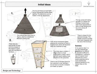 Initial Ideas
The top part there is a spot light
facing upwards for a some mood
lighting. The electronics can be
hidden in the top department.
1.
The top comes off, hiding
beneath it a rubbish bin.
Perhaps it would have
been more appropriate to
have a hinge allowing the
top not to come off
This indicial idea came from a
Tagine which is a traditional
top not to come off
completely.
There is drawer for the
personal storage TheTagine, which is a traditional
Mexican cocking dish.
personal storage, The
drawer must be rounded
to be well integrated with
the rest of the furniture.Their will be transparent glass,
allowing the consumer to have a
brighter room which will therefore
ll th t t d
These feet are
appropriate as they
2.
Summary:
allow the customer to read.
This initial idea is modern, I
believe that it is most
appropriate to make it with a
pp p y
can be screwed to
the bottom is goes
well with the piece of
furniture.
Summary:
In my opinion idea 1 is
not very aesthetically
pleasing as it is difficult
to use and is difficult to
manufacture. Looking atappropriate to make it with a
light soft wood making more
attractive to the consumer.
There is lots of storage space for
the customer to use, perhaps I
g
idea 2 it seems more
attractive as it has a
easier assembly and is
more aesthetically
pleasing therefore is my
chosen idea on this
Design and Technology
do not have to include 3 drawers
as it takes up space.
chosen idea on this
page.
 