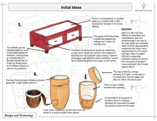Initial Ideas
5.
There is a transparent or smoked
glass as a surface with a light
mechanism beneath it for mood
lighting.
Summary:
This piece of furniture that
include two drawers for
storage but it does not
include a bin.
Idea 5 is also not very
difficult to assemble and
manufacture, the only
disadvantage I can see is
the size factor as a bedside
table must be appropriately
The fame of the furniture would be made from
acrylic which would be red as in the research I
have found it is a popular colour today, I believe
white goes well with this colour therefore I would
like to make the doors from again acrylic white
The wheels can be
adapted easily to most
of my these pieces of
furniture, I should take
in consideration if I
should include this on
table must be appropriately
measures this looks more
appropriate for a TV stand
perhaps. Idea 2 is again
difficult to assemble
therefore making it hard for
like to make the doors from again acrylic white.should include this on
finale my finale piece
as it makes it easier to
use for my customer.
6.
The top is held by a hinge
allowing it to open. I must take in
the consumer to simple if
mass produced. My chosen
idea is idea 6.
6.
The top of the furniture includes smoked
glass with a light hidden within it.
g p
consideration how the glass will
stay on when the top is open.
There is a bin hidden
beneath this opening,
At the bottom of my piece of
furniture there is a drawer
allowing the consumer to place
Design and Technology
his personal items for the night.
I took some inspiration for this idea from the
shape of a typical wicker linen basket
 
