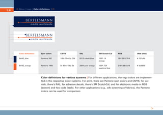 CD_Manual_E_Teil1_RL

1.9

28.03.2002 18:46 Uhr

Seite 13

Menu | Logo | Color definitions |

Color definitions

Spot colors

CMYK

RAL

3M Scotch-Cal

RGB

Web (Hex)

BeAG_blue

Pantone 282

100c 70m 0y 70k

5013 cobalt blue

100F -14
orange

16 R 28 G 75 B

# 101c4b

BeAG_orange

Pantone 1665

0c 80m 100y 0k

2004 pure orange

100F -724
sapphire blue

218 R 88 G 0 B

# da5800

Color definitions for various systems | For different applications, the logo colors are implemented in the respective color systems. For print, there are Pantone spot colors and CMYK; for varnish, there’s RAL; for adhesive decals, there’s 3M ScotchCal, and for electronic media in RGB
(screen) and hex code (Web). For other applications (e.g., silk screening of fabrics), the Pantone
colors can be used for comparison.

 