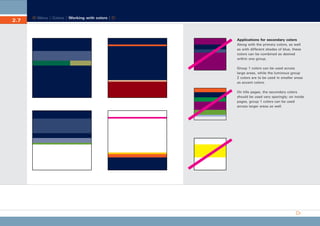 CD_Manual_E_Teil2_RL

2.7

23.5.2002 16:45 Uhr

Seite 8

Menu | Colors | Working with colors |

Applications for secondary colors
Along with the primary colors, as well
as with different shades of blue, these
colors can be combined as desired
within one group.
Group 1 colors can be used across
large areas, while the luminous group
2 colors are to be used in smaller areas
as accent colors.
On title pages, the secondary colors
should be used very sparingly; on inside
pages, group 1 colors can be used
across larger areas as well.

 
