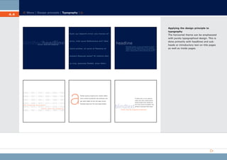 CD_Manual_E_Teil4_RL

4.4

24.5.2002 11:08 Uhr

Seite 5

Menu | Design principle | Typography |

Quid, qui deperiit minor uno mense vel

blindtextheadline

anno, inter quos Referendus erit? Vete-

Schön, dass Sie neugierig

resne poetas, an quos et Paesens et

headline
Veteresne poetas, an quos et praesens et postera
respuat aetas? Si meliora dies, ut vina, poemata
reddit, scire Velim, Chartis pretium quotus Arroget
annus. scriptor abhinc annos Centum qui decidit.

postera Respuat aetas? Si meliora dies,

ut vina, poemata Reddit, scire Velim.

1950 | 1951 | 1952 | 1953 | 1954 | 1955
1956 | 1957 | 1958 | 1959 | 1960 | 1961
1962 | 1963 | 1964 | 1965 | 1966 | 1967
1968 | 1969 | 1970 | 1971 | 1972 | 1973
Sie neugierig reinschauen

1974 | 1975 | 1976 | 1977 | 1978 | 1979
Schön, dass Sie neugierig

1980 | 1981 | 1982 | 1983 | 1984 | 1985

a

Pretium quotus arroget annus. Scriptor abhinc
annos centum qui decidit, inter perfectos vete

Si meliora dies, ut vina, poemata
reddit, scire velim, chartis pretium

que referri debet an inter vilis atque novos?

quotus arroget annus. Scriptor ab-

Excludat iurgia finis. Est vetus atque probus.

blindtext

hinc annos centum qui decidit, inter
perfectos veteresque referri debet.

Schön, dass Sie neugierig reinschauen

Applying the design principle to
typography
The horizontal theme can be emphasized
with purely typographical design. This is
done primarily with headlines and subheads or introductory text on title pages
as well as inside pages.

 