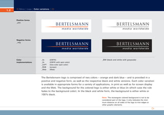 CD_Manual_E_Teil1_RL

1.2

23.5.2002 16:29 Uhr

Seite 6

Menu | Logo | Color variations |

Positive forms
_pos

Negative forms
_neg

Color
implementations

_4c
_3c
_2cPT
_RGB
_Web

(CMYK)
(CMYK with spot color)
(two-color spot color)
(screen)
(Web)

_BW (black and white with grayscale)

The Bertelsmann logo is comprised of two colors – orange and dark blue – and is provided in a
positive and negative form, as well as the respective black and white versions. Each color variation
is available in appropriate forms for a variety of applications, in print as well as for screen display
and the Web. The background for the colored logo is either white or blue (in which case the rule
fades to the background color). In the black and white form, the background is either white or
100 % black.
Note: The rectangular colored background is not to be
considered part of the logo; it only indicates the minimum distance on all sides of the logo to trim edges or
other graphic elements.

 