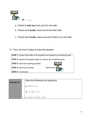 IF : ……
a. if there is only one surd, put it on one side
b. if there are 2 surds, move one to the other side
c. if there are 3 surds, make sure one of them is on one side
31. Then, we have 5 steps to solve the equation.
STEP 1: square both sides of the equation and isolate any remaining surds
STEP 2: square the equation again to remove any remaining surds
STEP 3: solve the resulting equation
STEP 4: check your answer
STEP 5 : Conclusion
Example 25:
Solve the following surd equations
a. xx =++ 115
b. 125 =−+ xx
c. xxx −=−−+ 23352
31
 