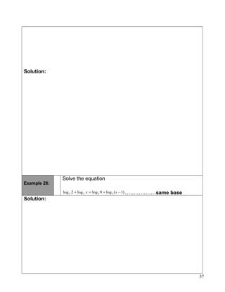 Solution:
Example 28:
Solve the equation
)1(log8loglog2log 3333 −+=+ xx ………………same base
Solution:
37
 