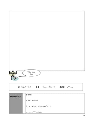 # 4ln4log =e # # 1lnlog == eee # # # xe x
=ln
Example 30:
Solve
a. 1)2ln( =+ x
b. )17ln()2ln(22ln 2
+=−+ xx
c. 123 ln24
=+−
xex x
40
Take Note
That
 