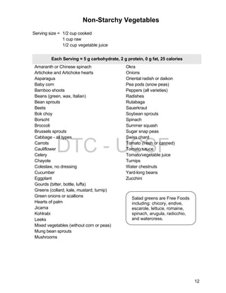 Non-Starchy Vegetables 
Serving size = 1/2 cup cooked 
1 cup raw 
1/2 cup vegetable juice 
Each Serving = 5 g carbohydrate, 2 g protein, 0 g fat, 25 calories 
Amaranth or Chinese spinach Okra 
Artichoke and Artichoke hearts Onions 
Asparagus Oriental radish or daikon 
Baby corn Pea pods (snow peas) 
Bamboo shoots Peppers (all varieties) 
Beans (green, wax, Italian) Radishes 
Bean sprouts Rutabaga 
Beets Sauerkraut 
Bok choy Soybean sprouts 
Borscht Spinach 
Broccoli Summer squash 
Brussels sprouts Sugar snap peas 
Cabbage - all types Swiss chard 
Carrots Tomato (fresh or canned) 
Cauliflower Tomato sauce 
Celery Tomato/vegetable juice 
Chayote Turnips 
Coleslaw, no dressing Water chestnuts 
Cucumber Yard-long beans 
Eggplant Zucchini 
Gourds (bitter, bottle, luffa) 
Greens (collard, kale, mustard, turnip) 
Green onions or scallions 
Hearts of palm 
Jicama 
Kohlrabi 
Leeks 
Mixed vegetables (without corn or peas) 
Mung bean sprouts 
Mushrooms 
Salad greens are Free Foods 
including: chicory, endive, 
escarole, lettuce, romaine, 
spinach, arugula, radicchio, 
and watercress. 
12 
DTC - UCSF 
 