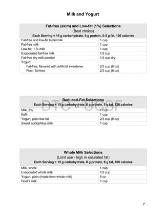 7 
Milk and Yogurt 
Fat-free (skim) and Low-fat (1%) Selections 
(Best choice) 
Each Serving = 15 g carbohydrate, 8 g protein, 0-3 g fat, 100 calories 
Fat-free and low-fat buttermilk 1 cup 
Fat-free milk 1 cup 
Low-fat, 1 % milk 1 cup 
Evaporated fat-free milk 1/2 cup 
Fat-free dry milk powder 1/3 cup dry 
Yogurt, 
Fat-free, flavored with artificial sweetener 
Plain, fat-free 
2/3 cup (6 oz) 
2/3 cup (6 oz) 
DTC Reduced-- Fat UCSF 
Selections 
Each Serving = 15 g carbohydrate, 8 g protein, 5 g fat, 120 calories 
Milk, 2% 1 cup 
Kefir 1 cup 
Yogurt, plain low-fat 2/3 cup (6 oz) 
Sweet acidophilus milk 1 cup 
Whole Milk Selections 
(Limit use - high in saturated fat) 
Each Serving = 15 g carbohydrate, 8 g protein, 8 g fat, 160 calories 
Milk, whole 1 cup 
Evaporated whole milk 1/2 cup 
Yogurt, plain (made from whole milk) 8 oz 
Goat’s milk 1 cup 
 