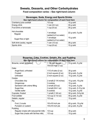 9 
Sweets, Desserts, and Other Carbohydrates 
Food composition varies – See right-hand column 
Beverages, Soda, Energy and Sports Drinks 
See right-hand column for composition of each food item 
Cranberry juice cocktail 1/2 cup 15 g carb 
Energy drink 1 can (8.3 oz) 30 g carb 
Fruit drink or lemonade 1 cup (8 oz) 30 g carb 
Hot chocolate 
Regular 
Sugar-free or light 
1 envelope 
(added to 8 oz water) 
1 envelope 
(added to 8 oz water) 
22 g carb, 5 g fat 
15 g carb 
Soft drink (soda), regular 1 can (12 oz) 38 g carb 
Sports drink 1 cup (8 oz) 15 g carb 
DTC - UCSF 
Brownies, Cake, Cookies, Gelatin, Pie, and Pudding 
See right-hand column for composition of each food item 
Brownie, small, unfrosted 1 1/4 inch square, 
7/8 inch high (1 oz) 
15 g carb, 5 g fat 
Cake 
Angel food, unfrosted 
Frosted 
Unfrosted 
1/12 of cake (2 oz) 
2 inch square (2 oz) 
2 inch square (2 oz) 
30 g carb 
30 g carb, 5 g fat 
15 g carb, 5 g fat 
Cookie 
Chocolate chip 
Gingersnap 
Sandwich with crème filling 
Sugar-free 
Vanilla wafer 
2 small (2 1/4 inches) 
3 cookies 
2 small (2/3 oz) 
3 small (3/4-1 oz) 
5 cookies 
15 g carb, 10 g fat 
15 g carb 
15 g carb, 5 g fat 
15 g carb, 5-10 g fat 
15 g carb, 5 g fat 
Cupcake, frosted 1 small (1 3/4 oz) 30 g carb, 5-8 g fat 
Fruit cobbler 1/2 cup (3 1/2 oz) 45 g carb, 5 g fat 
Gelatin, regular 1/2 cup 15 g carb 
Pie 
Fruit, 2 crusts 
Pumpkin or custard 
1/6 of 8 inch pie 
1/8 of 8 inch pie 
45 g carb, 10 g fat 
22 g carb, 8 g fat 
Pudding 
Regular (made with reduced-fat milk) 
Sugar free (made with fat-free milk) 
1/2 cup 
1/2 cup 
30 g carb 
15 g carb 
 