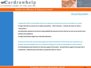 Modes de diffusion & Discours à tenir
                                                                                             Ce qu’il faut retenir…



  La légitimité d’offrir la Cardrawhelp revient aux organismes d’assurance lors de la souscription du contrat.

  L’image véhiculée au travers de ce cadeau est positive : « Est à l’écoute », « Informe de mieux en mieux »,

  « Est proche ».

  Les particuliers estiment qu’il est de la responsabilité des assureurs de les informer sur tout ce qui touche à leur

  domaine de compétence.

  La règle Cardrawhelp intègre tout à fait cette démarche.



  Concernant l’auto-école, les particuliers jugent qu’il serait intéressant de mieux former les conducteurs aux

  partages des responsabilités lors d’un accident et d’expliquer le mode de remplissage du constat amiable.

  Le Cardrawhelp pourrait intervenir en tant que support de formation : les particuliers, jugeant le principe clair à

  comprendre, n’attentent pas de formation à proprement dite sur celui-ci.




                       DTC Marketing – Intérêt pour la règle Cardrawhelp – Juillet 2007
 