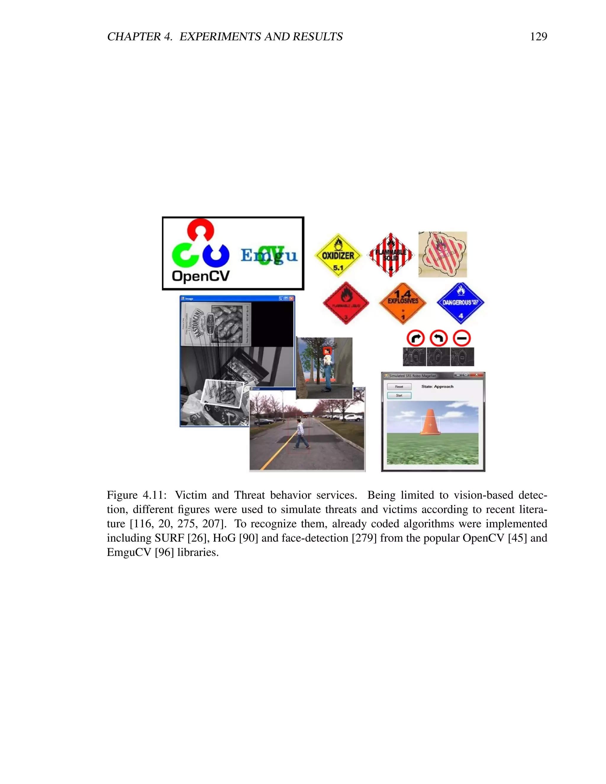 CHAPTER 4. EXPERIMENTS AND RESULTS                                                      129




Figure 4.11: Victim and Threat behavior services. Being limited to vision-based detec-
tion, different ﬁgures were used to simulate threats and victims according to recent litera-
ture [116, 20, 275, 207]. To recognize them, already coded algorithms were implemented
including SURF [26], HoG [90] and face-detection [279] from the popular OpenCV [45] and
EmguCV [96] libraries.
 