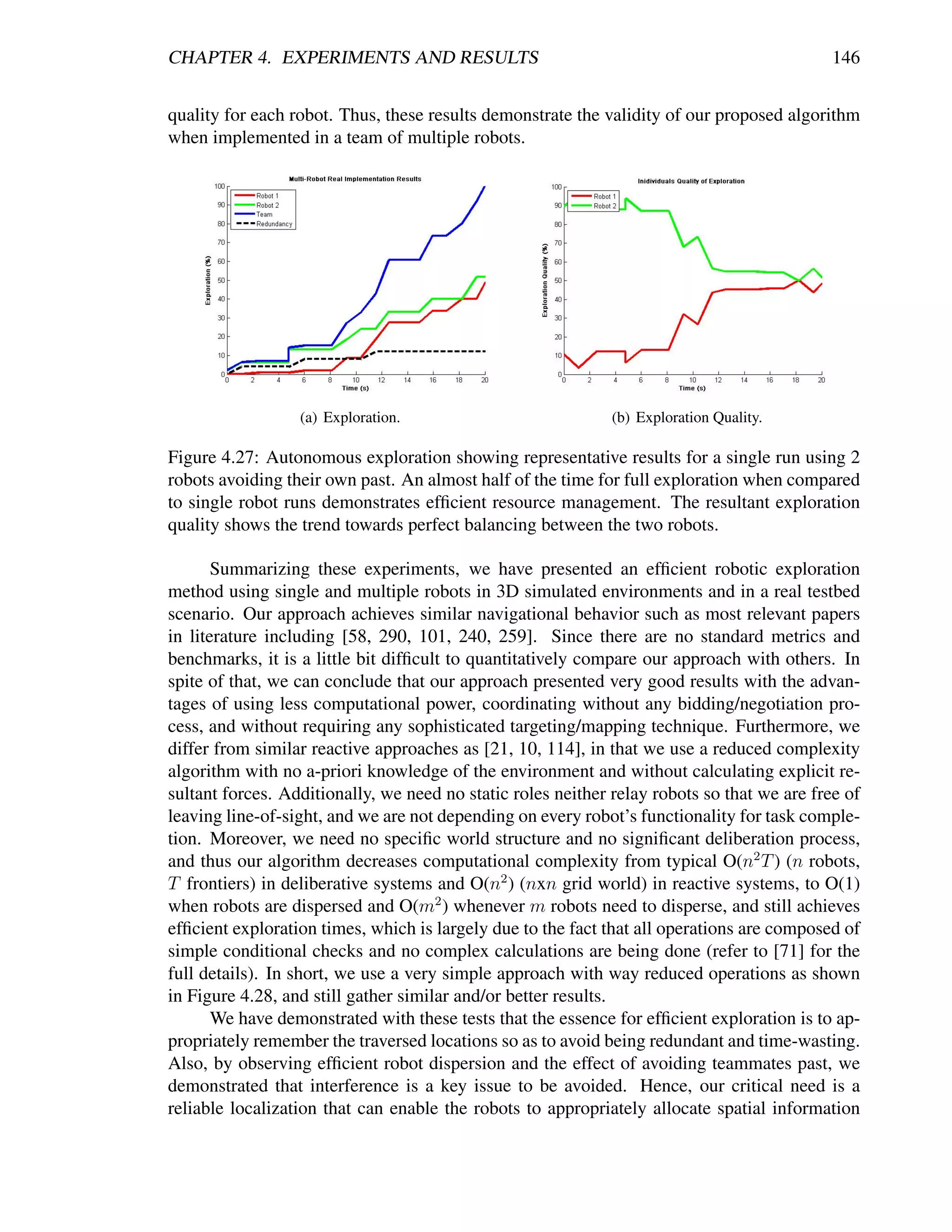 CHAPTER 4. EXPERIMENTS AND RESULTS                                                           146


quality for each robot. Thus, these results demonstrate the validity of our proposed algorithm
when implemented in a team of multiple robots.




                  (a) Exploration.                            (b) Exploration Quality.

Figure 4.27: Autonomous exploration showing representative results for a single run using 2
robots avoiding their own past. An almost half of the time for full exploration when compared
to single robot runs demonstrates efﬁcient resource management. The resultant exploration
quality shows the trend towards perfect balancing between the two robots.

       Summarizing these experiments, we have presented an efﬁcient robotic exploration
method using single and multiple robots in 3D simulated environments and in a real testbed
scenario. Our approach achieves similar navigational behavior such as most relevant papers
in literature including [58, 290, 101, 240, 259]. Since there are no standard metrics and
benchmarks, it is a little bit difﬁcult to quantitatively compare our approach with others. In
spite of that, we can conclude that our approach presented very good results with the advan-
tages of using less computational power, coordinating without any bidding/negotiation pro-
cess, and without requiring any sophisticated targeting/mapping technique. Furthermore, we
differ from similar reactive approaches as [21, 10, 114], in that we use a reduced complexity
algorithm with no a-priori knowledge of the environment and without calculating explicit re-
sultant forces. Additionally, we need no static roles neither relay robots so that we are free of
leaving line-of-sight, and we are not depending on every robot’s functionality for task comple-
tion. Moreover, we need no speciﬁc world structure and no signiﬁcant deliberation process,
and thus our algorithm decreases computational complexity from typical O(n2 T ) (n robots,
T frontiers) in deliberative systems and O(n2 ) (nxn grid world) in reactive systems, to O(1)
when robots are dispersed and O(m2 ) whenever m robots need to disperse, and still achieves
efﬁcient exploration times, which is largely due to the fact that all operations are composed of
simple conditional checks and no complex calculations are being done (refer to [71] for the
full details). In short, we use a very simple approach with way reduced operations as shown
in Figure 4.28, and still gather similar and/or better results.
       We have demonstrated with these tests that the essence for efﬁcient exploration is to ap-
propriately remember the traversed locations so as to avoid being redundant and time-wasting.
Also, by observing efﬁcient robot dispersion and the effect of avoiding teammates past, we
demonstrated that interference is a key issue to be avoided. Hence, our critical need is a
reliable localization that can enable the robots to appropriately allocate spatial information
 