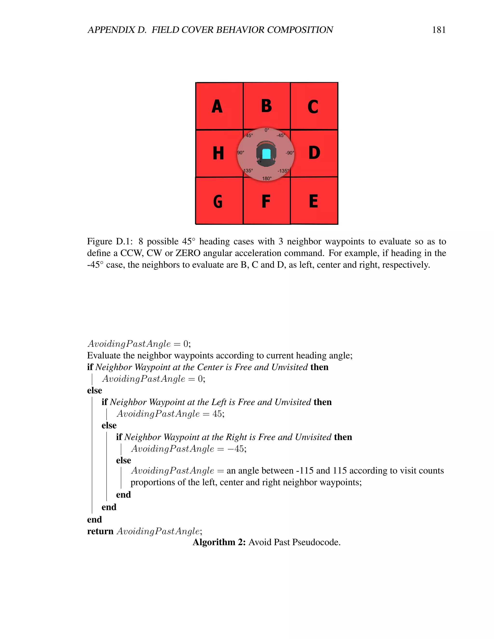 APPENDIX D. FIELD COVER BEHAVIOR COMPOSITION                                             181




Figure D.1: 8 possible 45◦ heading cases with 3 neighbor waypoints to evaluate so as to
deﬁne a CCW, CW or ZERO angular acceleration command. For example, if heading in the
-45◦ case, the neighbors to evaluate are B, C and D, as left, center and right, respectively.




AvoidingP astAngle = 0;
Evaluate the neighbor waypoints according to current heading angle;
if Neighbor Waypoint at the Center is Free and Unvisited then
    AvoidingP astAngle = 0;
else
    if Neighbor Waypoint at the Left is Free and Unvisited then
        AvoidingP astAngle = 45;
    else
        if Neighbor Waypoint at the Right is Free and Unvisited then
            AvoidingP astAngle = −45;
        else
            AvoidingP astAngle = an angle between -115 and 115 according to visit counts
            proportions of the left, center and right neighbor waypoints;
        end
    end
end
return AvoidingP astAngle;
                            Algorithm 2: Avoid Past Pseudocode.
 