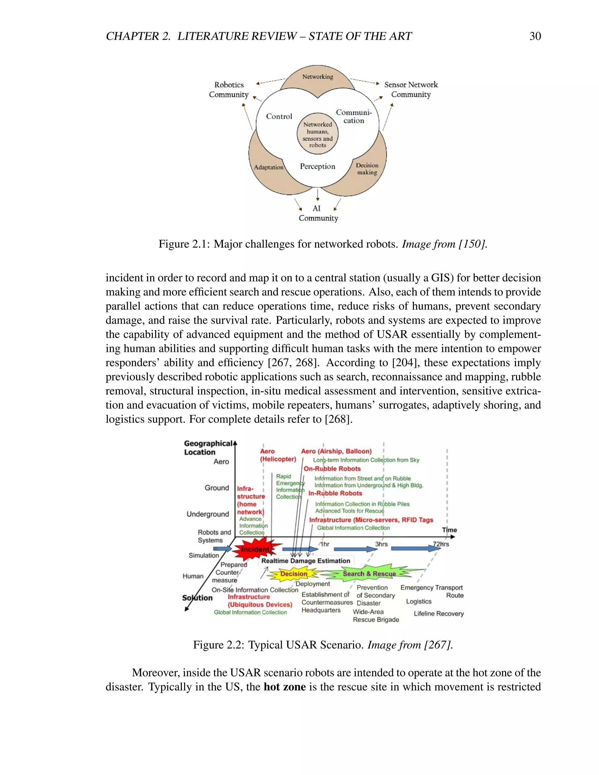 CHAPTER 2. LITERATURE REVIEW – STATE OF THE ART                                                30




           Figure 2.1: Major challenges for networked robots. Image from [150].

incident in order to record and map it on to a central station (usually a GIS) for better decision
making and more efﬁcient search and rescue operations. Also, each of them intends to provide
parallel actions that can reduce operations time, reduce risks of humans, prevent secondary
damage, and raise the survival rate. Particularly, robots and systems are expected to improve
the capability of advanced equipment and the method of USAR essentially by complement-
ing human abilities and supporting difﬁcult human tasks with the mere intention to empower
responders’ ability and efﬁciency [267, 268]. According to [204], these expectations imply
previously described robotic applications such as search, reconnaissance and mapping, rubble
removal, structural inspection, in-situ medical assessment and intervention, sensitive extrica-
tion and evacuation of victims, mobile repeaters, humans’ surrogates, adaptively shoring, and
logistics support. For complete details refer to [268].




                   Figure 2.2: Typical USAR Scenario. Image from [267].

      Moreover, inside the USAR scenario robots are intended to operate at the hot zone of the
disaster. Typically in the US, the hot zone is the rescue site in which movement is restricted
 
