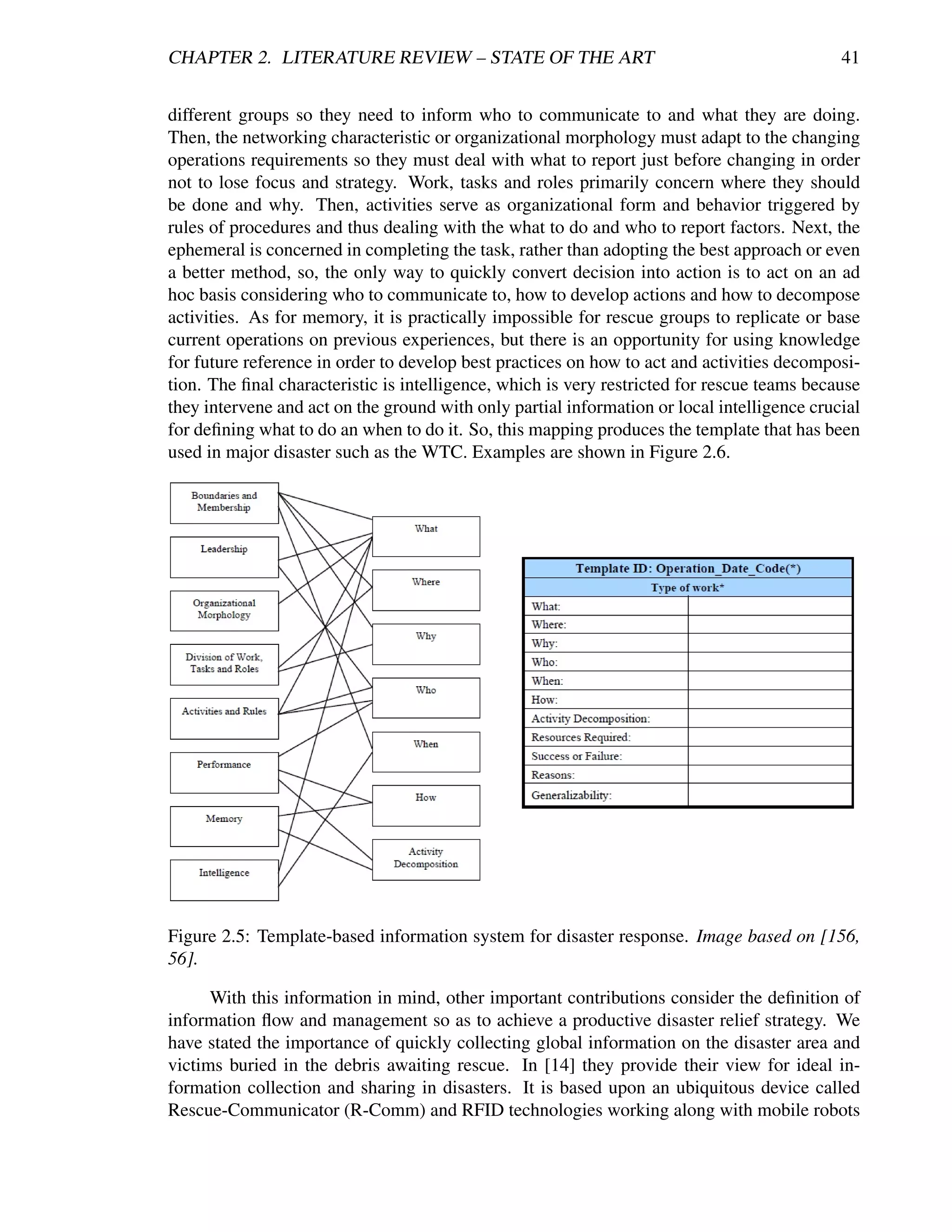 CHAPTER 2. LITERATURE REVIEW – STATE OF THE ART                                              41


different groups so they need to inform who to communicate to and what they are doing.
Then, the networking characteristic or organizational morphology must adapt to the changing
operations requirements so they must deal with what to report just before changing in order
not to lose focus and strategy. Work, tasks and roles primarily concern where they should
be done and why. Then, activities serve as organizational form and behavior triggered by
rules of procedures and thus dealing with the what to do and who to report factors. Next, the
ephemeral is concerned in completing the task, rather than adopting the best approach or even
a better method, so, the only way to quickly convert decision into action is to act on an ad
hoc basis considering who to communicate to, how to develop actions and how to decompose
activities. As for memory, it is practically impossible for rescue groups to replicate or base
current operations on previous experiences, but there is an opportunity for using knowledge
for future reference in order to develop best practices on how to act and activities decomposi-
tion. The ﬁnal characteristic is intelligence, which is very restricted for rescue teams because
they intervene and act on the ground with only partial information or local intelligence crucial
for deﬁning what to do an when to do it. So, this mapping produces the template that has been
used in major disaster such as the WTC. Examples are shown in Figure 2.6.




Figure 2.5: Template-based information system for disaster response. Image based on [156,
56].

      With this information in mind, other important contributions consider the deﬁnition of
information ﬂow and management so as to achieve a productive disaster relief strategy. We
have stated the importance of quickly collecting global information on the disaster area and
victims buried in the debris awaiting rescue. In [14] they provide their view for ideal in-
formation collection and sharing in disasters. It is based upon an ubiquitous device called
Rescue-Communicator (R-Comm) and RFID technologies working along with mobile robots
 