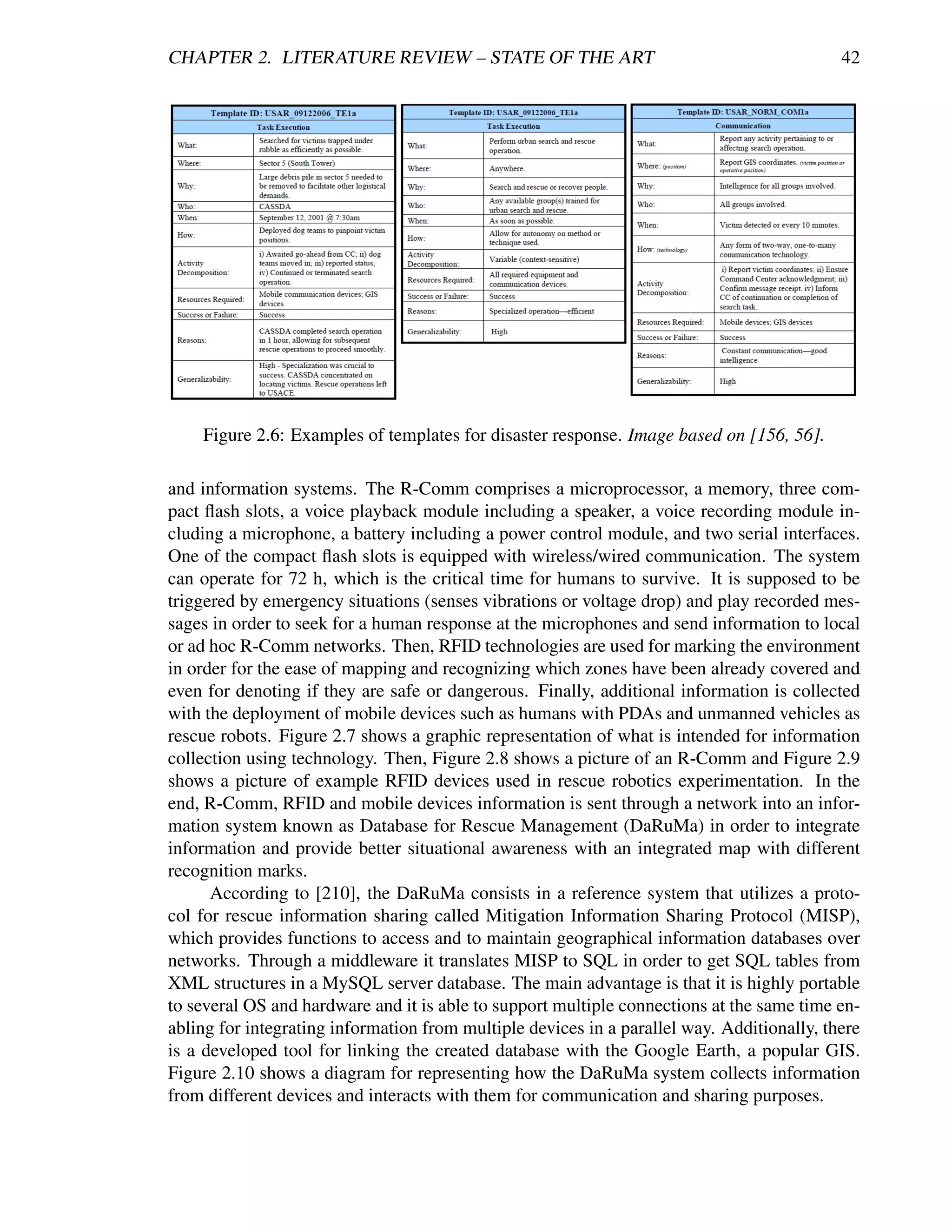 CHAPTER 2. LITERATURE REVIEW – STATE OF THE ART                                             42




    Figure 2.6: Examples of templates for disaster response. Image based on [156, 56].

and information systems. The R-Comm comprises a microprocessor, a memory, three com-
pact ﬂash slots, a voice playback module including a speaker, a voice recording module in-
cluding a microphone, a battery including a power control module, and two serial interfaces.
One of the compact ﬂash slots is equipped with wireless/wired communication. The system
can operate for 72 h, which is the critical time for humans to survive. It is supposed to be
triggered by emergency situations (senses vibrations or voltage drop) and play recorded mes-
sages in order to seek for a human response at the microphones and send information to local
or ad hoc R-Comm networks. Then, RFID technologies are used for marking the environment
in order for the ease of mapping and recognizing which zones have been already covered and
even for denoting if they are safe or dangerous. Finally, additional information is collected
with the deployment of mobile devices such as humans with PDAs and unmanned vehicles as
rescue robots. Figure 2.7 shows a graphic representation of what is intended for information
collection using technology. Then, Figure 2.8 shows a picture of an R-Comm and Figure 2.9
shows a picture of example RFID devices used in rescue robotics experimentation. In the
end, R-Comm, RFID and mobile devices information is sent through a network into an infor-
mation system known as Database for Rescue Management (DaRuMa) in order to integrate
information and provide better situational awareness with an integrated map with different
recognition marks.
      According to [210], the DaRuMa consists in a reference system that utilizes a proto-
col for rescue information sharing called Mitigation Information Sharing Protocol (MISP),
which provides functions to access and to maintain geographical information databases over
networks. Through a middleware it translates MISP to SQL in order to get SQL tables from
XML structures in a MySQL server database. The main advantage is that it is highly portable
to several OS and hardware and it is able to support multiple connections at the same time en-
abling for integrating information from multiple devices in a parallel way. Additionally, there
is a developed tool for linking the created database with the Google Earth, a popular GIS.
Figure 2.10 shows a diagram for representing how the DaRuMa system collects information
from different devices and interacts with them for communication and sharing purposes.
 