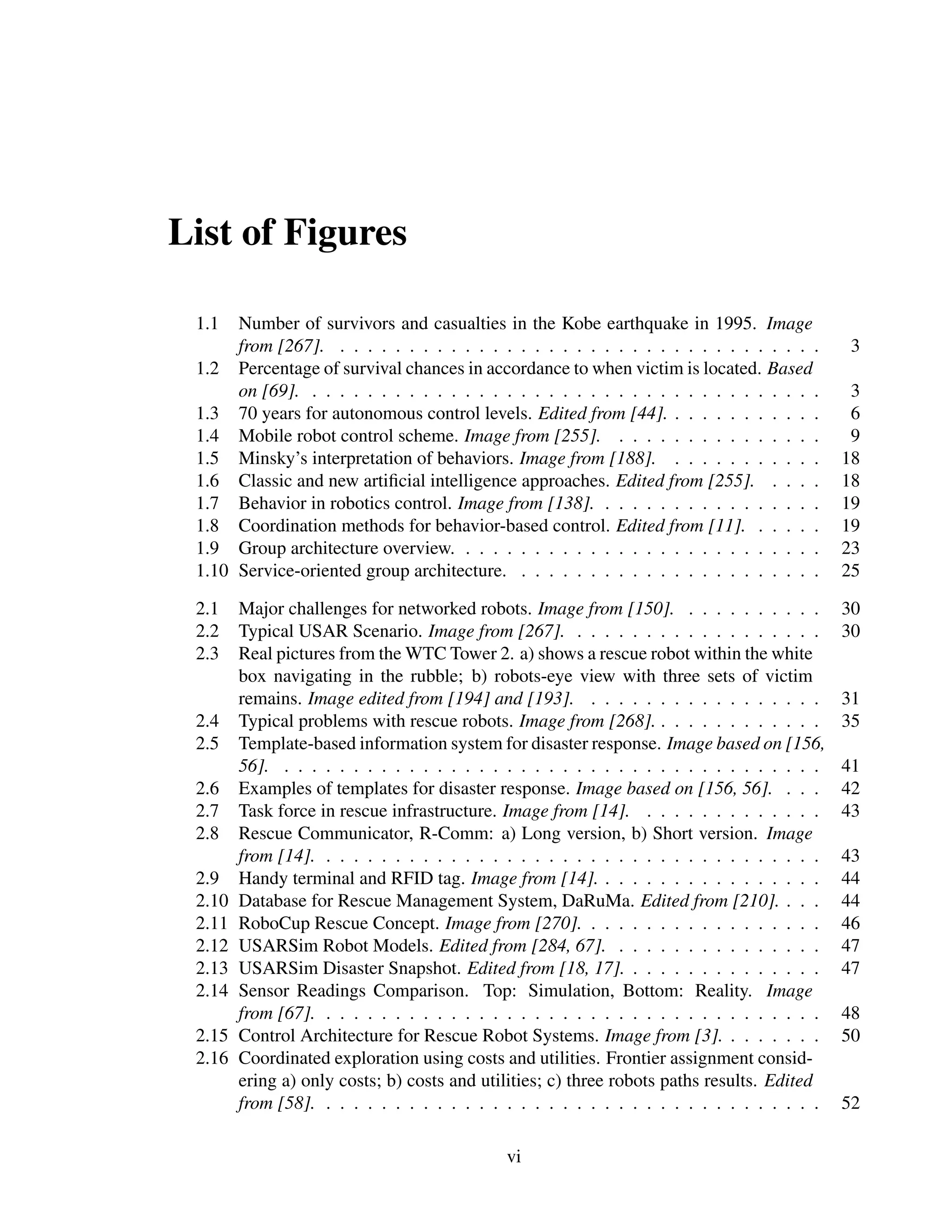 List of Figures

 1.1  Number of survivors and casualties in the Kobe earthquake in 1995. Image
      from [267]. . . . . . . . . . . . . . . . . . . . . . . . . . . . . . . . . . . .       3
 1.2 Percentage of survival chances in accordance to when victim is located. Based
      on [69]. . . . . . . . . . . . . . . . . . . . . . . . . . . . . . . . . . . . . .      3
 1.3 70 years for autonomous control levels. Edited from [44]. . . . . . . . . . . .          6
 1.4 Mobile robot control scheme. Image from [255]. . . . . . . . . . . . . . . .             9
 1.5 Minsky’s interpretation of behaviors. Image from [188]. . . . . . . . . . . .           18
 1.6 Classic and new artiﬁcial intelligence approaches. Edited from [255]. . . . .           18
 1.7 Behavior in robotics control. Image from [138]. . . . . . . . . . . . . . . . .         19
 1.8 Coordination methods for behavior-based control. Edited from [11]. . . . . .            19
 1.9 Group architecture overview. . . . . . . . . . . . . . . . . . . . . . . . . . .        23
 1.10 Service-oriented group architecture. . . . . . . . . . . . . . . . . . . . . . .       25

 2.1    Major challenges for networked robots. Image from [150]. . . . . . . . . . .         30
 2.2    Typical USAR Scenario. Image from [267]. . . . . . . . . . . . . . . . . . .         30
 2.3    Real pictures from the WTC Tower 2. a) shows a rescue robot within the white
        box navigating in the rubble; b) robots-eye view with three sets of victim
        remains. Image edited from [194] and [193]. . . . . . . . . . . . . . . . . .        31
 2.4    Typical problems with rescue robots. Image from [268]. . . . . . . . . . . . .       35
 2.5    Template-based information system for disaster response. Image based on [156,
        56]. . . . . . . . . . . . . . . . . . . . . . . . . . . . . . . . . . . . . . . .   41
 2.6    Examples of templates for disaster response. Image based on [156, 56]. . . .         42
 2.7    Task force in rescue infrastructure. Image from [14]. . . . . . . . . . . . . .      43
 2.8    Rescue Communicator, R-Comm: a) Long version, b) Short version. Image
        from [14]. . . . . . . . . . . . . . . . . . . . . . . . . . . . . . . . . . . . .   43
 2.9    Handy terminal and RFID tag. Image from [14]. . . . . . . . . . . . . . . . .        44
 2.10   Database for Rescue Management System, DaRuMa. Edited from [210]. . . .              44
 2.11   RoboCup Rescue Concept. Image from [270]. . . . . . . . . . . . . . . . . .          46
 2.12   USARSim Robot Models. Edited from [284, 67]. . . . . . . . . . . . . . . .           47
 2.13   USARSim Disaster Snapshot. Edited from [18, 17]. . . . . . . . . . . . . . .         47
 2.14   Sensor Readings Comparison. Top: Simulation, Bottom: Reality. Image
        from [67]. . . . . . . . . . . . . . . . . . . . . . . . . . . . . . . . . . . . .   48
 2.15   Control Architecture for Rescue Robot Systems. Image from [3]. . . . . . . .         50
 2.16   Coordinated exploration using costs and utilities. Frontier assignment consid-
        ering a) only costs; b) costs and utilities; c) three robots paths results. Edited
        from [58]. . . . . . . . . . . . . . . . . . . . . . . . . . . . . . . . . . . . .   52

                                             vi
 