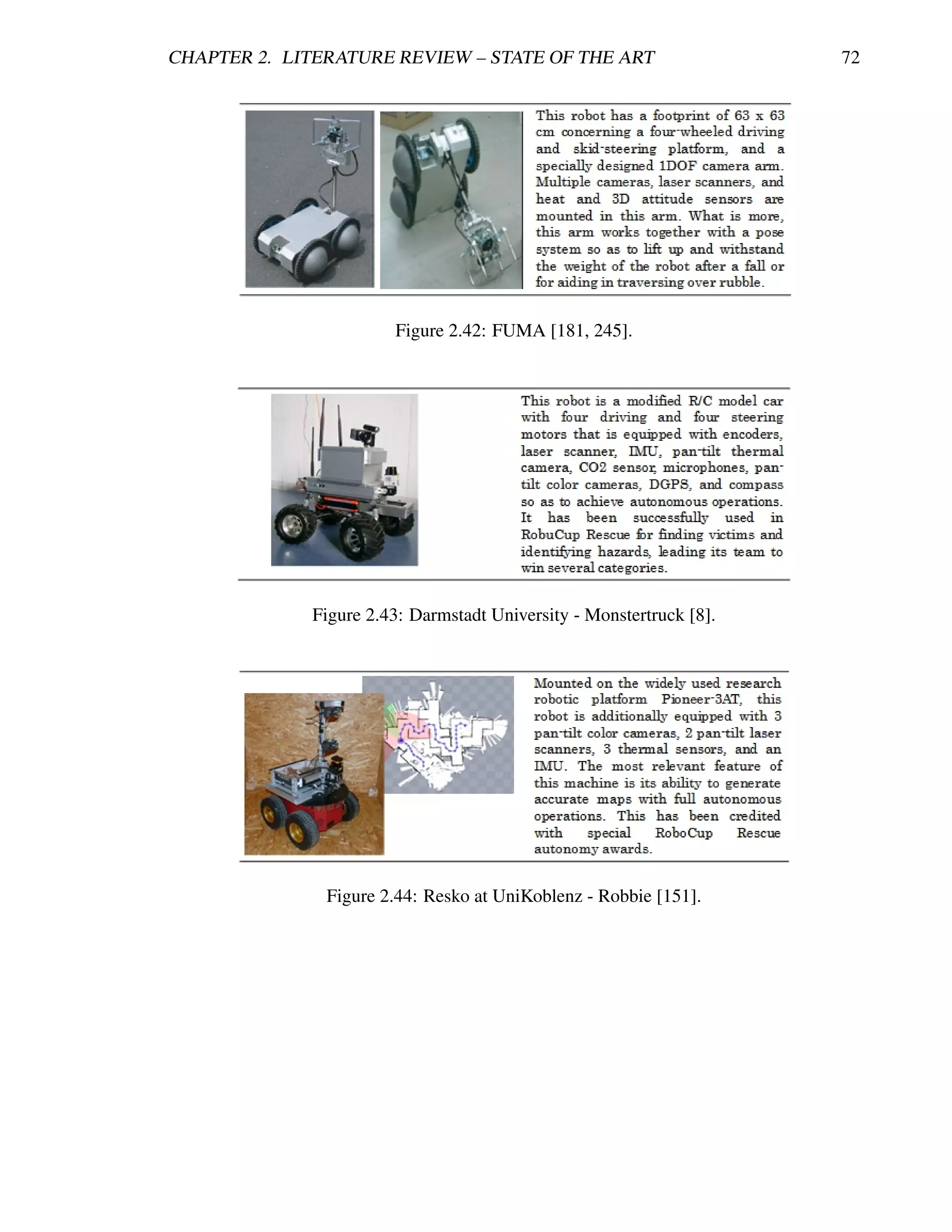 CHAPTER 2. LITERATURE REVIEW – STATE OF THE ART                      72




                       Figure 2.42: FUMA [181, 245].




             Figure 2.43: Darmstadt University - Monstertruck [8].




               Figure 2.44: Resko at UniKoblenz - Robbie [151].
 