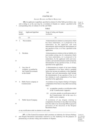 149

                                            CHAPTER XIV
                               ADVANCE RULINGS AND DISPUTE RESOLUTION
            256. An applicant or appellant, specified in column (2) of the Table given below, may         Scope of
     seek a ruling or, as the case may be, a resolution of dispute on matters specified in the            ruling and
                                                                                                          dispute
 5   corresponding entry of column (3) of the said Table:
                                                                                                          resolution.
                                                 TABLE

     Serial      Applicant/Appellant              Scope of ruling and dispute
     number                                       resolution

     (1)             (2)                                          (3)
10   1.     Non-resident.                         A determination in relation to a transaction which
                                                  has been undertaken, or is proposed to be
                                                  undertaken, by the applicant, and such
                                                  determination shall include the determination of
                                                  any question of law, or of fact, specified in the
15                                                application.
     2.    Resident.                              A determination in relation to the tax liability of a
                                                  non-resident arising out of a transaction which
                                                  has been undertaken, or is proposed to be
                                                  undertaken, by the applicant with such non-
20                                                resident, and such determination shall include the
                                                  determination of any question of law, or of fact,
                                                  specified in the application.
     3.    Any class of                            A determination in respect of an issue relating
            residents, as notified by             to computation of tax bases which is pending
25          the Central Government                before any income-tax authority, or the Appellate
           in this behalf.                        Tribunal, and such determination shall include
                                                  the determination of any question of law or of
                                                  fact relating to such computation of tax bases
                                                  specified in the application.
30   4. Public Sector company or                  A resolution of any dispute relating to Company
        Commissioner                              computation of tax bases or any other issue arising
                                                  from—
                                                    (i)   an appellate, penalty or rectification order
                                                          of the Commissioner (Appeals);

35                                                 (ii)   a revision, penalty or rectification order of
                                                          the Commissioner, felt in the case of a
                                                          public sector company.
     5.    Public Sector Company.                 A resolution of any dispute relating to
                                                  computation of tax bases or any other issue arising
40                                                from the order of an Assessing Officer passed in
                                                  pursuance of the direction of the Dispute
                                                  Resolution Panel,
     or any rectification order in relation to such order.

          257. (1) The Central Government shall constitute an Authority for Advance Rulings               Authority
45   and Dispute Resolution (hereinafter referred to as the Authority) for the purposes of                for Advance
                                                                                                          Rulings and
     pronouncing an advance ruling and resolution of disputes.                                            Dispute
                                                                                                          Resolution.
 