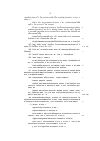 182

expenditure incurred by the assessee outside India, including expenditure incurred in
respect of—
            (a) rent, rates, taxes, repairs or insurance of any premises outside India
      used for the purposes of the business;
            (b) salary, wages, annuity, pension, fees, bonus, commission, gratuity,         5
      perquisites or profits in lieu of or in addition to salary, whether paid or allowed
      to any employee or other person employed in, or managing the affairs of, any
      office outside India;
             (c) traveling by any employee or other person employed in, or managing
      the affairs of, any office outside India; and                                         10

            (d) such other matters connected with administration as may be prescribed;
      (113) “heavy goods vehicle” shall have the same meaning as assigned to it in
section 2 of the Motor Vehicles Act, 1988;                                                  59 of 1988.

       (114) “horse race” means a horse race upon which wagering or betting is law-
fully made;                                                                                 15
      (115) “hospital” includes a dispensary or a clinic or a nursing home;
      (116) “house property” means—
            (a) any building or land appurtenant thereto; along with facilities and
      services whether in-built or provided separately; or
             (b) any building along with any machinery, plant, furniture or any other       20
      facility or services whether inbuilt or provided separately;
      (117) “housing development company” means any public sector company which
is engaged in providing long-term finance for construction or purchase of houses in
India for residential purposes;
      (118) “housing-finance public company” means a company—                               25

            (a) which is a public company;
            (b) whose main object is carrying on the business of providing long-term
      finance for construction or purchase of houses in India for residential pur-
      poses; and
             (c) which is registered in accordance with the Housing Finance Compa-          30
      nies (NHB) Directions, 1989 given under section 30 and section 31 of the Na-
      tional Housing Bank Act, 1987;                                                        53 of 1987.

      (119) “incidental financial charges” means any fee, commission, brokerage, tax
payable or any other similar expenditure incurred for the purposes of borrowing or
incurring any debt or in respect of any credit facility which has not been utilised;        35

      (120) “income” includes,—
            (a) gross salary referred to in section 22;
            (b) gross rent referred to in section 26;
           (c) the amount of any accrual or receipt from the businesses referred to in
      column (2) of the Table in sub-section (2) of section 32;                             40

            (d) gross earnings from the business referred to in section 32;
            (e) full value of the consideration received or accruing as a result of the
      transfer of any investment asset referred to in section 50;
            (f) gross residuary income referred to in section 58;
 