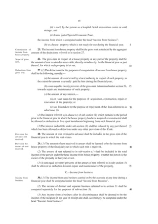 10

                                    (i) is used by the person as a hospital, hotel, convention centre or cold
                              storage; and
                                     (ii) forms part of Special Economic Zone,
                        the income from which is computed under the head “income from business”;
                              (b) to a house property which is not ready for use during the financial year.          5
Computation of      25. The income from house property shall be the gross rent as reduced by the aggregate
income from     amount of the deductions referred to in section 27.
house property.

Scope of gross          26. The gross rent in respect of a house property or any part of the property shall be
rent.             the amount of rent received or receivable, directly or indirectly, for the financial year or part
                  thereof, for which such property is let out.                                                      10
Deductions from        27. (1) The deductions for the purposes of computation of income from house property
gross rent.     shall be the following, namely:—
                              (a) the amount of taxes levied by a local authority in respect of such property, to
                        the extent the amount is actually paid by him during the financial year;
                             (b) a sum equal to twenty per cent. of the gross rent determined under section 26, 15
                        towards repair and maintenance of such property;
                              (c) the amount of any interest,—
                                   (i) on loan taken for the purposes of acquisition, construction, repair or
                              renovation of the property; or
                                    (ii) on loan taken for the purpose of repayment of the loan referred to in       20
                              sub-clause (i);
                         (2)The interest referred to in clause (c) of sub-section (1) which pertains to the period
                  prior to the financial year in which the house property has been acquired or constructed shall
                  be allowed as deduction in five equal instalments beginning from such financial year.
                       (3)The interest deductible under sub-section (2) shall be reduced by any part thereof 25
                  which has been allowed as deduction under any other provision of this Code.
Provision for           28. The amount of rent received in advance shall be included in the gross rent of the
advance rent      financial year to which the rent relates.
received.

Provision for          29. (1) The amount of rent received in arrears shall be deemed to be the income from
arrears of rent   house property of the financial year in which such rent is received.                               30
received.
                       (2) The arrears of rent referred to in sub-section (1) shall be included in the total
                  income of the person under the head income from house property, whether the person is the
                  owner of the property in that year or not.
                         (3) A sum equal to twenty per cent. of the arrears of rent referred to in sub-section (1)
                  shall be allowed as deduction towards repair and maintenance of the property.                    35

                                                    C.—Income from business

Income from             30. (1) The income from any business carried on by the assessee at any time during a
business.         financial year shall be computed under the head “Income from business”.
                      (2) The income of distinct and separate business referred to in section 31 shall be
                  computed separately for the purposes of sub-section (1).                                           40
                        (3) Any income from a business after its discontinuance shall be deemed to be the
                  income of the recipient in the year of receipt and shall, accordingly, be computed under the
                  head “Income from business”.
 