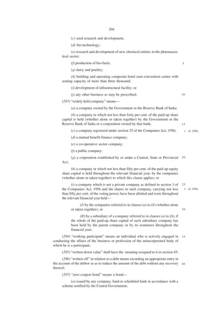 204

             (c) seed research and development;
             (d) bio-technology;
             (e) research and development of new chemical entities in the pharmaceu-
      tical sector;
             (f) production of bio-fuels;                                                    5

             (g) dairy and poultry;
            (h) building and operating composite hotel cum convention centre with
      seating capacity of more than three thousand;
             (i) development of infrastructural facility; or
             (j) any other business as may be prescribed;                                    10

      (293) “widely held company” means—
             (a) a company owned by the Government or the Reserve Bank of India;
            (b) a company in which not less than forty per cent. of the paid-up share
      capital is held (whether alone or taken together) by the Government or the
      Reserve Bank of India or a corporation owned by that bank;                      15

             (c) a company registered under section 25 of the Companies Act, 1956;               1 of 1956.

             (d) a mutual benefit finance company;
             (e) a co-operative sector company;
             (f) a public company;
             (g) a corporation established by or under a Central, State or Provincial 2 0
      Act;
            (h) a company in which not less than fifty per cent. of the paid up equity
      share capital is held throughout the relevant financial year, by the companies
      (whether alone or taken together) to which this clause applies; or
             (i) a company which is not a private company as defined in section 3 of         25
      the Companies Act, 1956 and the shares in such company, carrying not less               1 of 1956.
      than fifty per cent. of the voting power, have been allotted and were throughout
      the relevant financial year held—
                   (I) by the companies referred to in clauses (a) to (h) (whether alone
             or taken together); or                                                      30

                   (II) by a subsidiary of a company referred to in clauses (a) to (h), if
             the whole of the paid-up share capital of such subsidiary company has
             been held by the parent company or by its nominees throughout the
             financial year;
     (294) “working participant” means an individual who is actively engaged in 3 5
conducting the affairs of the business or profession of the unincorporated body of
which he is a participant;
      (295) “written down value” shall have the meaning assigned to it in section 45;
      (296) “written off” in relation to a debt means recording an appropriate entry in
the account of the debtor so as to reduce the amount of the debt without any recovery 4 0
thereof;
      (297) “zero coupon bond” means a bond—
           (a) issued by any company, fund or scheduled bank in accordance with a
      scheme notified by the Central Government;
 