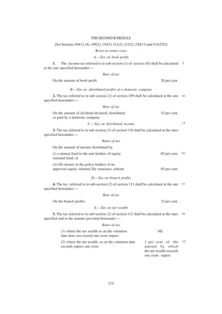 THE SECOND SCHEDULE
       [See Sections 104(1), (6), 109(2), 110(3), 111(2), 112(2), 230(11) and 314(225)]
                                    RATES OF OTHER TAXES
                                   A.—Tax on book profit
       1. The income-tax referred to in sub-section (1) of section 103 shall be calculated        5
at the rate specified hereunder:—
                                         Rate of tax
      On the amount of book profit                                                20 per cent.

                  B.—Tax on distributed profits of a domestic company
      2. The tax referred to in sub-section (2) of section 109 shall be calculated at the rate 1 0
specified hereunder:—
                                         Rate of tax
      On the amount of dividend declared, distributed                             15 per cent.
      or paid by a domestic company
                              C.—Tax on distributed income                                        15

      3. The tax referred to in sub-section (3) of section 110 shall be calculated at the rates
specified hereunder:—
                                         Rates of tax
      On the amount of income distributed by
      (i) a mutual fund to the unit holders of equity                             05 per cent. 2 0
      oriented fund; or
      (ii) life insurer to the policy holders of an
      approved equity oriented life insurance scheme                              05 per cent.

                                 D.—Tax on branch profits
      4. The tax referred to in sub-section (2) of section 111 shall be calculated at the rate 2 5
specified hereunder:—
                                         Rate of tax
      On the branch profits                                                       15 per cent.
                                   E.—Tax on net wealth
      5. The tax referred to in sub-section (2) of section 112 shall be calculated at the rates 3 0
specified and in the manner provided hereunder:—
                                         Rates of tax
            (1) where the net wealth as on the valuation                        NIL
            date does not exceed one crore rupees
            (2) where the net wealth, as on the valuation date         1 per cent. of the         35
            exceeds rupees one crore                                   amount by which
                                                                       the net wealth exceeds
                                                                       one crore rupees




                                             214
 