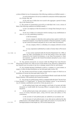 237

                   a citizen of India, by way of remuneration, if the following conditions are fulfilled, namely:—
                               (a) such remuneration is for services rendered in connection with the employment
                         on a foreign ship; and
                               (b) his total stay in India does not exceed in the aggregate a period of ninety
              5          days in the financial year.
                          17. The amount of remuneration received by an individual who is not a citizen of
                   India, if the following conditions are fulfilled, namely:—
                               (a) he is an employee of the Government of a foreign State during his stay in
                         India; and
              10               (b) his stay in India is in connection with his training in any establishment or
                         office of, or in any undertaking owned by,—
                                       (i) the Government;
                                     (ii) any company in which the entire paid-up share capital is held by the
                               Central Government, or any State Government or State Governments, or partly
              15               by the Central Government and partly by one or more State Governments;
                                       (iii) any company which is a subsidiary of a company referred to in item
                               (ii);
                                     (iv) any corporation established by or under a Central, State or Provincial
                               Act; or
14 of 1860. 2 0                      (v) any society registered under the Societies Registration Act, 1860, or
                               under any other corresponding law for the time being in force and wholly
                               financed by the Central Government, or any State Government or State
                               Governments, or partly by the Central Government and partly by one or more
                               State Governments.
              25         18. Any amount received by an assessee under the Bhopal Gas Leak Disaster
21 of 1985.        (Processing of Claims) Act, 1985 in excess of the amount, if any, allowed as a deduction in
                   any financial year on account of any loss or damage caused to him by such disaster.
                         19. Any dividend declared, distributed or paid to a company or a non-resident, in
                   respect of which dividend distribution tax has been paid under section 109.
              30          20. Any income received from an equity oriented fund in respect of which tax on
                   distribution of income has been paid under section 110.
                        21. Any amount of interest received on Gold Deposit Bonds issued under the Gold
                   Deposit Scheme, 1999 notified by the Central Government.
                        22. Any income of a political party which is computed under the heads “Income from
              35   house property” or “Capital gains” or “Income from residuary sources” or any income by
                   way of voluntary contributions received by it from any person, if—
                               (a) the political party keeps and maintains such books of account and other
                         documents as would enable the Assessing Officer to properly deduce its income
                         therefrom;
              40               (b) the political party keeps and maintains a record of such contributions in
                         excess of twenty thousand rupees, along with the name and address of the
                         contributors;
                               (c) the accounts of such political party are audited by an accountant; and
                                (d) the treasurer of such political party or any other person authorised by that
              45         political party in this behalf submits a report under sub-section (3) of section 29C of
43 of 1951.              the Representation of the People Act, 1951 for the financial year.
 