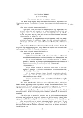 THE EIGHTH SCHEDULE
                                     [See section 32(2)]
                     COMPUTATION OF PROFITS OF THE INSURANCE BUSINESS
      1. The profits of the business of life insurance shall be the profit determined in the
Shareholders’ Account (Non-Technical Account) in accordance with the Insurance Act, 5
1938.                                                                                        36 of 2003.

      2. The profits referred to in paragraph 1 shall be—
            (a) increased by the aggregate of the amounts referred to in sub-section (2) of
      section 33 to the extent such amounts are not included in the profits referred to in that
      paragraph and the amounts referred to in sub-section (4) of section 35 and sub- 1 0
      section (2) of section 36 to the extent such amounts have been claimed as deductions
      while computing the said profits; and
            (b) decreased by the amount allowable as deduction under clause (xxx) of sub-
      section (2) of section 35 and finance charges allowable as deduction under sub-
      section (1) of section 36 to the extent such amount has been included under clause 1 5
      (a).
      3. The profits of the business of insurance other than life insurance shall be the
profits disclosed in the annual accounts, copies of which are required to be furnished under
the Insurance Act, 1938, to the Controller of Insurance.                                     4 of 1938.

      4. The profits referred to in paragraph 3 shall be—                                         20

            (a) increased by the aggregate of,—
                  (i) the amounts referred to in sub-section (2) of section 33 to the extent
            such amounts are not included in the profits referred to in that paragraph; and
                  (ii) the amounts referred to in sub-section (4) of section 35 and sub-
            section (2) of section 36 to the extent such amounts have been claimed as a 2 5
            deduction in computing the profits referred to in that paragraph;
            (b) decreased by—
                  (i) the amount allowable as deductions under clause (xxx) of sub-
            section (2) of section 35 to the extent such amount has been included under
            sub-clause (i) of clause (a);                                               30

                  (ii) the amount of finance charges allowable as deduction under sub-
            section (1) of section 36 to the extent such amount has been included under
            sub-clause (ii) of clause (a); and
                  (iii) such amount carried over to a reserve for unexpired risks as may be
            prescribed.                                                                     35

      5. The profits of the branches in India of a person not resident in India and carrying
on any business of insurance, may, in the absence of more reliable data, be deemed to be
that proportion of the world income of such person which corresponds to the proportion
which his premium income derived from India bears to his total premium income.
      6. The profits of the business of insurance determined under paragraphs 1 to 5 shall        40
be aggregated and the profits so aggregated shall be the profit from the business of
insurance.
     7. The profit from the business of insurance shall be aggregated with unabsorbed
preceding year loss from the business of insurance, if any, and the net result of such
aggregation shall be the current profit from the business of insurance for the financial year.    45
       8. The current profit from the business of insurance shall be treated as nil, if the net
result of aggregation in paragraph 7 is negative and the absolute value of the net result of
the aggregation shall be the amount of unabsorbed current loss of the business of insurance
for the financial year.
                                             244
 