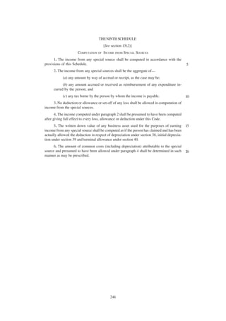 THE NINTH SCHEDULE
                                       [See section 15(2)]
                      COMPUTATION OF INCOME FROM SPECIAL SOURCES
      1. The income from any special source shall be computed in accordance with the
provisions of this Schedule.                                                                    5
      2. The income from any special sources shall be the aggregate of—
            (a) any amount by way of accrual or receipt, as the case may be;
            (b) any amount accrued or received as reimbursement of any expenditure in-
      curred by the person; and
            (c) any tax borne by the person by whom the income is payable.                      10
     3. No deduction or allowance or set-off of any loss shall be allowed in computation of
income from the special sources.
       4. The income computed under paragraph 2 shall be presumed to have been computed
after giving full effect to every loss, allowance or deduction under this Code.
      5. The written down value of any business asset used for the purposes of earning          15
income from any special source shall be computed as if the person has claimed and has been
actually allowed the deduction in respect of depreciation under section 38, initial deprecia-
tion under section 39 and terminal allowance under section 40.
      6. The amount of common costs (including depreciation) attributable to the special
source and presumed to have been allowed under paragraph 4 shall be determined in such          20
manner as may be prescribed.




                                            246
 