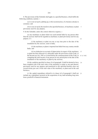 254

      8. The provisions of this Schedule shall apply to a specified business, which fulfils the
following conditions, namely:—
            (a) it is not set-up by splitting up, or the reconstruction, of a business already in
      existence; and
            (b) it is not set-up by the transfer to the specified business, of machinery or plant   5
      previously used for any purpose.
      9. In this Schedule, unless the context otherwise requires,—
            (a) any machinery or plant which was used outside India by any person other
      than the assessee shall not be regarded as machinery or plant previously used for any
      purpose, if—                                                                          10

                   (i) the machinery or plant was not, at any time prior to the date of the
            installation by the assessee, used in India;
                  (ii) the machinery or plant is imported into India from any country outside
            India; and
                   (iii) no deduction on account of depreciation in respect of the machinery 1 5
            or plant has been allowed or is allowable under the provisions of this Code, or
            the Income-tax Act, 1961 as it stood before the commencement of this Code, in 43 of 1961.
            computing the total income of any person for any period prior to the date of the
            installation of the machinery or plant by the assessee;
            (b) the condition specified in clause (b) of paragraph 8 shall be deemed to have        20
      been complied with if the total value of the machinery or plant or any part thereof,
      previously used for any purpose and transferred to the specified business does not
      exceed twenty per cent. of the total value of the machinery or plant used in the said
      business;
             (c) the capital expenditure referred to in clause (d) of paragraph 4 shall not 2 5
      include any expenditure incurred on the acquisition of any land including long term
      lease, goodwill or financial instrument.
 