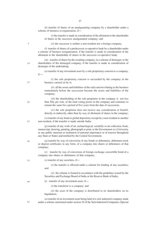 27

          (k) transfer of shares of an amalgamating company by a shareholder under a
     scheme of business re-organisation, if—
                  (i) the transfer is made in consideration of the allotment to the shareholder
            of shares in the successor amalgamated company; and
5                 (ii) the successor is neither a non-resident nor a foreign company;
           (l) transfer of shares of a predecessor co-operative bank by a shareholder under
     a scheme of business reorganisation, if the transfer is made in consideration of the
     allotment to the shareholder of shares in the successor co-operative bank;
           (m) transfer of shares by the resulting company, in a scheme of demerger, to the
10   shareholders of the demerged company, if the transfer is made in consideration of
     demerger of the undertaking;
            (n) transfer of any investment asset by a sole proprietary concern to a company,
     if —
                  (i) the sole proprietary concern is succeeded by the company in the
15          business carried on by it;
                (ii) all the assets and liabilities of the said concern relating to the business
            immediately before the succession become the assets and liabilities of the
            company;
                  (iii) the shareholding of the sole proprietor in the company is not less
20          than fifty per cent. of the total voting power in the company and continues to
            remain the same for a period of five years from the date of succession;
                   (iv) the sole proprietor does not receive any consideration or benefit,
            directly or indirectly, other than by way of allotment of shares in the company;
           (o) transfer of any bond or global depository receipt by a non-resident to another
25   non-resident, if the transfer is made outside India;
           (p) transfer of any work of art, archaeological, scientific or art collection, book,
     manuscript, drawing, painting, photograph or print, to the Government or a University
     or any public museum or institution of national importance or of renown throughout
     any State or States and notified by the Central Government;
30         (q) transfer by way of conversion of any bonds or debentures, debenture-stock
     or deposit certificates in any form, of a company into shares or debentures of that
     company;
         (r) transfer by way of conversion of foreign exchange convertible bond of a
     company into shares or debentures of that company;
35          (s) transfer of any securities, if—
                  (i) the transfer is effected under a scheme for lending of any securities;
            and
                  (ii) the scheme is framed in accordance with the guidelines issued by the
            Securities and Exchange Board of India or the Reserve Bank of India;
40          (t) transfer of any investment asset, if—
                  (i) the transferor is a company; and
                  (ii) the asset of the company is distributed to its shareholders on its
            liquidation;
           (u) transfer of an investment asset being land of a sick industrial company made
45   under a scheme sanctioned under section 18 of the Sick Industrial Companies (Special
 