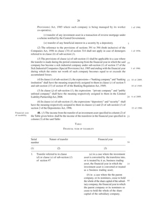 28

                       Provisions) Act, 1985 where such company is being managed by its worker                            1 of 1986.
                       co-operative;
                             (v) transfer of any investment asset in a transaction of reverse mortgage under
                       a scheme notified by the Central Government;
                              (w) transfer of any beneficial interest in a security by a depository.                 5

                       (2) The reference to the provisions of sections 391 to 394 (both inclusive) of the
                 Companies Act, 1956 in cluase (74) of section 314 shall not apply in case of demergers                   1 of 1956.
                 referred to in clause (h) of sub-section (1).
                        (3) The provisions of clause (u) of sub-section (1) shall be applicable in a case where
                 the transfer is made during the period commencing from the financial year in which the said 1 0
                 company has become a sick industrial company under sub-section (1) of section 17 of the
                 Sick Industrial Companies (Special Provisions) Act, 1985 and ending with the financial year     1 of 1986.
                 during which the entire net worth of such company becomes equal to or exceeds the
                 accumulated losses.
                        (4) In clause (i) of sub-section (1), the expressions—“banking company” and “banking 1 5 10 of 2009.
                 institution” shall have the meaning respectively assigned to them in clause (c) of section 5
                 and sub-section (15) of section 45 of the Banking Regulation Act, 1949;                         10 of 1949.

                       (5) In clause (j) of sub-section (1), the expressions “private company” and “public
                 unlisted company” shall have the meaning respectively assigned to them in the Limited
                 Liability Partnership Act, 2008.                                                          2 0 6 of 2009.

                       (6) In clause (w) of sub-section (1), the expressions “depository” and “security” shall
                 have the meaning respectively assigned to them in clauses (e) and (l) of sub-section (1) of
                 section 2 of the Depositories Act, 1996.                                                                 22 of 1986.

Financial year         48. (1) The income from the transfer of an investment asset specified in column (2) of
of taxability.   the Table given below shall be the income of the transferor in the financial year specified in 2 5
                 column (3) of the said Table:
                                                              TABLE
                                                 FINANCIAL YEAR OF TAXABILITY



                 Serial            Nature of transfer                                Financial year
                 number                                                                                             30

                 (1)                       (2)                                             (3)

                 1.    Transfer referred to in clause                       (a) in a case where the investment
                       (d) or clause (e) of sub-section (1)           asset is converted by the transferee into,
                       of section 47                                  or is treated by it as, business trading
                                                                      asset, the financial year in which the     35
                                                                      investment asset is converted or treated
                                                                      as a business trading asset;
                                                                         (b) in a case where the the parent
                                                                      company, or its nominees, cease to hold
                                                                      the whole of the share capital of the subsid- 4 0
                                                                      iary company, the financial year in which
                                                                      the parent company or its nominees so
                                                                      cease to hold the whole of the share
                                                                      capital of the subsidiary company.
 