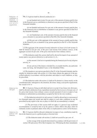 48

Deduction of             79. (1) A person shall be allowed a deduction of—
contribution or
donations to                    (a) one hundred and seventy-five per cent. of the amount of money paid by him
certain funds or
non-profit
                         in the financial year as contribution or donation to any person specified in Part I of the
organisations.           Sixteenth Schedule;

                                (b) one hundred and twenty-five per cent. of the amount of money paid by him          5
                         in the financial year as contribution or donation to any person specified in Part II of
                         the Sixteenth Schedule;

                               (c) one hundred per cent. of the amount of money paid by him in the financial
                         year as donation to any person specified in Part III of the Sixteenth Schedule;

                               (d) fifty per cent. of the aggregate of the amount of money actually paid by him       10
                         in the financial year as donation to any person specified in Part IV of the Sixteenth
                         Schedule.

                         (2) The aggregate of the amount of money referred to in clause (d) of sub-section (1)
                   shall be limited to ten per cent. of the gross total income from ordinary sources, if the
                   aggregate exceeds ten per cent. of the gross total income from ordinary sources.                   15

                       (3) The deduction under this section shall not be allowed in respect of any amount of
                   money paid to any person referred to in sub-section (1), if—

                                (a) the amount is laid out or expended during the financial year for any religious
                         activity; or

                                (b) any activity of the donee is intended for, or actually benefits, any particular   20
                         caste, not being the Scheduled Castes or the Scheduled Tribes.

                          (4) The donation to any person specified in Part IV of the Sixteenth Schedule shall be
                   eligible for deduction under sub-section (1), if the donee obtains the approval of the pre-
                   scribed authority in accordance with the procedure and subject to such conditions, as may
                                                                                                                      25
                   be prescribed.

                         (5) The deduction under sub-section (1) shall not be denied to a donor merely on the
                   consideration that, subsequent to the donation, the donee, being a non-profit organisation,
                   has ceased to be so.

Deduction for             80. (1) A person, being an individual and not in receipt of any house rent allowance,
rent paid.         shall be allowed a deduction of any expenditure incurred by him in excess of ten per cent. of      30
                   his gross total income from ordinary sources towards payment of rent in respect of any
                   furnished or unfurnished accommodation occupied by him for his own residence.

                           (2) The deduction referred to in sub-section (1) shall be allowed up to a maximum of
                   two thousand rupees per month and shall be subject to such other conditions as may be
                   prescribed having regard to the area or place in which the accommodation is situated.              35

                             (3) The provisions of this section shall not apply to a person if any residential
                   accommodation is owned by him or by his spouse or minor child in the place where he
                   ordinarily resides or performs duties of his office or employment or carries on his business.

Deduction for            81. (1) A person shall be allowed a deduction in respect of any contribution made by
political con-     him in the financial year to a political party or electoral trust.                                 40
tributions.
                             (2) The deduction under sub-section (1) shall not exceed five per cent. of-

                               (a) the average of the net profit determined in accordance with the provisions of
                         section 349 and section 350 of the Companies Act, 1956 during the three immediately          1 of 1956.
 