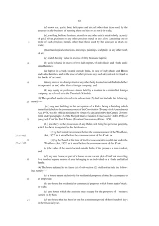 65

                               (d) motor car, yacht, boat, helicopter and aircraft other than those used by the
                         assessee in the business of running them on hire or as stock-in-trade;
                                (e) jewellery, bullion, furniture, utensils or any other article made wholly or partly
                         of gold, silver, platinum or any other precious metal or any alloy containing one or
               5         more of such precious metals, other than those used by the assessee as stock-in-
                         trade;
                                (f) archaeological collections, drawings, paintings, sculptures or any other work
                         of art;
                               (g) watch having value in excess of fifty thousand rupees;
              10               (h) cash in hand, in excess of two lakh rupees, of individuals and Hindu undi-
                         vided families;
                               (i) deposit in a bank located outside India, in case of individuals and Hindu
                         undivided families, and in the case of other persons any such deposit not recorded in
                         the books of account;
              15               (j) any interest in a foreign trust or any other body located outside India (whether
                         incorporated or not) other than a foreign company; and
                             (k) any equity or preference shares held by a resident in a controlled foreign
                         company, as referred to in the Twentieth Schedule.
                        (3) The specified assets referred to in sub-section (2) shall not include the following,
              20   namely:—
                                (a ) any one building in the occupation of a Ruler, being a building which
                         immediately before the commencement of the Constitution (Twenty-sixth Amendment)
                         Act, 1971, was his official residence by virtue of a declaration by the Central Govern-
                         ment under paragraph 13 of the Merged States (Taxation Concessions) Order, 1949, or
              25         paragraph 15 of the Part B States (Taxation Concessions) Order, 1950;
                              (b ) jewellery in the possession of any Ruler, not being his personal property,
                         which has been recognised as his heirloom-—
                                     (i) by the Central Government before the commencement of the Wealth-tax
27 of 1957.                    Act, 1957, as it stood before the commencement of this Code; or
              30                    (ii) by the Board at the time of his first assessment to wealth-tax under the
27 of 1957.                    Wealth-tax Act, 1957, as it stood before the commencement of this Code;
                               (c ) the value of the assets located outside India, if the person is a non resident;
                         and
                               (d ) any one house or part of a house or one vacant plot of land not exceeding
              35         five hundred square metres of area belonging to an individual or a Hindu undivided
                         family.
                          (4) The house referred to in clause (a) of sub-section (2) shall not include the follow-
                   ing, namely:—
                              (a) a house meant exclusively for residential purposes allotted by a company to
              40         an employee;
                               (b) any house for residential or commercial purposes which forms part of stock-
                         in-trade;
                               (c) any house which the assessee may occupy for the purposes of              business
                         carried on by him;
              45                (d) any house that has been let-out for a minimum period of three hundred days
                         in the financial year;
 