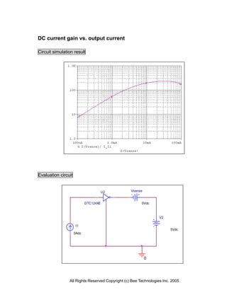 DC current gain vs. output current

Circuit simulation result




Evaluation circuit


                                   U2            Vsense


                            DTC124XE                   0Vdc



                                                                 V2

                     I1
                                                                       5Vdc
                     0Adc




                                                          0




                All Rights Reserved Copyright (c) Bee Technologies Inc. 2005
 