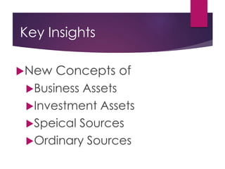 Key Insights
New Concepts of
Business Assets
Investment Assets
Speical Sources
Ordinary Sources
 