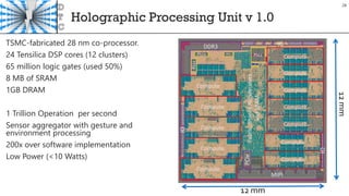 Holographic Processing Unit v 1.0
TSMC-fabricated 28 nm co-processor.
24 Tensilica DSP cores (12 clusters)
65 million logic gates (used 50%)
8 MB of SRAM
1GB DRAM
1 Trillion Operation per second
Sensor aggregator with gesture and
environment processing
200x over software implementation
Low Power (<10 Watts)
12 mm
12mm
28
 