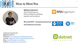 Nice to MeetYou
3
MatteoValoriani
CEO of FifthIngenium
PhD at Politecnico of Milano
Speaker and Consultant
Microsoft MVP – Emerging Experiences
Intel Software Innovator
mvaloriani at gmail.com
@MatteoValoriani
Slideshare: www.slideshare.net/MatteoValoriani
Linkedin: https://it.linkedin.com/in/matteovaloriani
Blog: http://fifthingenium.com/blog
GitHub: https://github.com/mvaloriani
 
