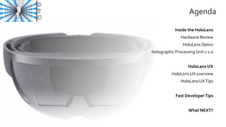 Agenda
Inside the HoloLens
Hardware Review
HoloLens Optics
Holographic Processing Unit v 1.0
HoloLens UX
HoloLens UX overview
HoloLens UXTips
Fast DeveloperTips
What NEXT?
 