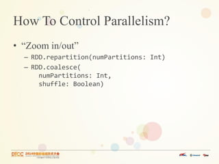 How To Control Parallelism?
• “Zoom in/out”
– RDD.repartition(numPartitions: Int)
– RDD.coalesce(
numPartitions: Int,
shuffle: Boolean)
 