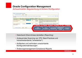 Oracle Configuration Management
Schwachstellen Begutachtung & Sichere Konfiguration


                                                                                      Monitor




                            Discover   Classify     Assess      Prioritize     Fix       Monitor

                            Asset                                     Configuration
                                         Policy       Vulnerability                   Analysis &
                          Management                                  Management
                                       Management     Management                      Analytics
                                                                        & Audit




  • Datenbank Erkenntnisse darstellen (Reporting)
  • Andauerndes Scanning von 375+ Best-Practices und
    Industriestandards (“erweiterbar”)
  • Aufdecken und verhindern unautorisierte
    Konfigurationsänderungen
  • Änderungsmanagement Compliance Reports


                                                                                                   11
 
