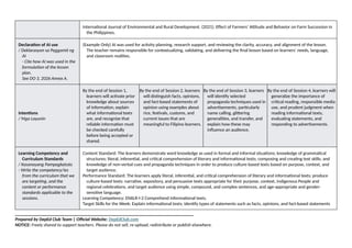 International Journal of Environmental and Rural Development. (2021). Effect of Farmers’ Attitude and Behavior on Farm Succession in
the Philippines.
Declaration of AI use
/ Deklarasyon sa Paggamit ng
AI
- Cite how AI was used in the
formulation of the lesson
plan.
See DO 3, 2026 Annex A.
(Example Only) AI was used for activity planning, research support, and reviewing the clarity, accuracy, and alignment of the lesson.
The teacher remains responsible for contextualizing, validating, and delivering the final lesson based on learners’ needs, language,
and classroom realities.
Intentions
/ Mga Layunin
By the end of Session 1,
learners will activate prior
knowledge about sources
of information, explain
what informational texts
are, and recognize that
reliable information must
be checked carefully
before being accepted or
shared.
By the end of Session 2, learners
will distinguish facts, opinions,
and fact-based statements of
opinion using examples about
rice, festivals, customs, and
current issues that are
meaningful to Filipino learners.
By the end of Session 3, learners
will identify selected
propaganda techniques used in
advertisements, particularly
name calling, glittering
generalities, and transfer, and
explain how these may
influence an audience.
By the end of Session 4, learners will
generalize the importance of
critical reading, responsible media
use, and prudent judgment when
reading informational texts,
evaluating statements, and
responding to advertisements.
Learning Competency and
Curriculum Standards
/ Kasanayang Pampagkatuto
- Write the competency/ies
from the curriculum that we
are targeting, and the
content or performance
standards applicable to the
sessions.
Content Standard: The learners demonstrate word knowledge as used in formal and informal situations; knowledge of grammatical
structures; literal, inferential, and critical comprehension of literary and informational texts; composing and creating text skills; and
knowledge of non-verbal cues and propaganda techniques in order to produce culture-based texts based on purpose, context, and
target audience.
Performance Standard: The learners apply literal, inferential, and critical comprehension of literary and informational texts; produce
culture-based texts: narrative, expository, and persuasive texts appropriate for their purpose, context, Indigenous People and
regional celebrations, and target audience using simple, compound, and complex sentences, and age-appropriate and gender-
sensitive language.
Learning Competency: EN6LR-I-2 Comprehend informational texts.
Target Skills for the Week: Explain informational texts; identify types of statements such as facts, opinions, and fact-based statements
______________________________________________________________________________
Prepared by DepEd Club Team | Official Website: DepEdClub.com
NOTICE: Freely shared to support teachers. Please do not sell, re-upload, redistribute or publish elsewhere.
 