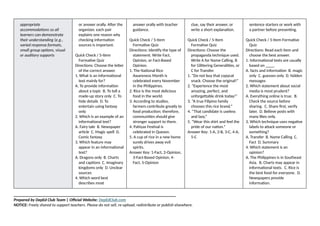 appropriate
accommodations so all
learners can demonstrate
their understanding (e.g.,
varied response formats,
small group options, visual
or auditory supports
or answer orally. After the
organizer, each pair
explains one reason why
checking information
sources is important.
Quick Check / 5-Item
Formative Quiz
Directions: Choose the letter
of the correct answer.
1. What is an informational
text mainly for?
A. To provide information
about a topic B. To tell a
made-up story only C. To
hide details D. To
entertain using fantasy
only
2. Which is an example of an
informational text?
A. Fairy tale B. Newspaper
article C. Magic spell D.
Comic fantasy
3. Which feature may
appear in an informational
text?
A. Dragons only B. Charts
and captions C. Imaginary
kingdoms only D. Unclear
sources
4. Which word best
describes most
answer orally with teacher
guidance.
Quick Check / 5-Item
Formative Quiz
Directions: Identify the type of
statement. Write Fact,
Opinion, or Fact-Based
Opinion.
1. The National Rice
Awareness Month is
celebrated every November
in the Philippines.
2. Rice is the most delicious
food in the world.
3. According to studies,
farmers contribute greatly to
food production; therefore,
communities should give
stronger support to them.
4. Pahiyas Festival is
celebrated in Quezon.
5. A cup of rice in a new home
surely drives away evil
spirits.
Answer Key: 1-Fact, 2-Opinion,
3-Fact-Based Opinion, 4-
Fact, 5-Opinion
clue, say their answer, or
write a short explanation.
Quick Check / 5-Item
Formative Quiz
Directions: Choose the
propaganda technique used.
Write A for Name Calling, B
for Glittering Generalities, or
C for Transfer.
1. “Do not buy that copycat
snack. Choose the original!”
2. “Experience the most
amazing, perfect, and
unforgettable drink today!”
3. “A true Filipino family
chooses this rice brand.”
4. “That candidate is useless
and lazy.”
5. “Wear this shirt and feel the
pride of our nation.”
Answer Key: 1-A, 2-B, 3-C, 4-A,
5-C
sentence starters or work with
a partner before presenting.
Quick Check / 5-Item Formative
Quiz
Directions: Read each item and
choose the best answer.
1. Informational texts are usually
based on ____.
A. facts and information B. magic
only C. guesses only D. hidden
messages
2. Which statement about social
media is most prudent?
A. Everything online is true. B.
Check the source before
sharing. C. Share first, verify
later. D. Believe posts with
many likes only.
3. Which technique uses negative
labels to attack someone or
something?
A. Transfer B. Name Calling C.
Fact D. Summary
4. Which statement is an
opinion?
A. The Philippines is in Southeast
Asia. B. Charts may appear in
informational texts. C. Rice is
the best food for everyone. D.
Newspapers provide
information.
______________________________________________________________________________
Prepared by DepEd Club Team | Official Website: DepEdClub.com
NOTICE: Freely shared to support teachers. Please do not sell, re-upload, redistribute or publish elsewhere.
 