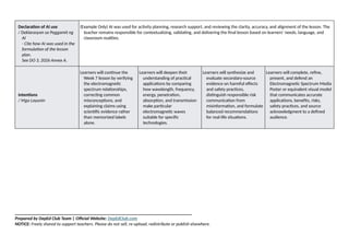 Declaration of AI use
/ Deklarasyon sa Paggamit ng
AI
- Cite how AI was used in the
formulation of the lesson
plan.
See DO 3, 2026 Annex A.
(Example Only) AI was used for activity planning, research support, and reviewing the clarity, accuracy, and alignment of the lesson. The
teacher remains responsible for contextualizing, validating, and delivering the final lesson based on learners’ needs, language, and
classroom realities.
Intentions
/ Mga Layunin
Learners will continue the
Week 7 lesson by verifying
the electromagnetic
spectrum relationships,
correcting common
misconceptions, and
explaining claims using
scientific evidence rather
than memorized labels
alone.
Learners will deepen their
understanding of practical
applications by comparing
how wavelength, frequency,
energy, penetration,
absorption, and transmission
make particular
electromagnetic waves
suitable for specific
technologies.
Learners will synthesize and
evaluate secondary-source
evidence on harmful effects
and safety practices,
distinguish responsible risk
communication from
misinformation, and formulate
balanced recommendations
for real-life situations.
Learners will complete, refine,
present, and defend an
Electromagnetic Spectrum Media
Poster or equivalent visual model
that communicates accurate
applications, benefits, risks,
safety practices, and source
acknowledgment to a defined
audience.
______________________________________________________________________________
Prepared by DepEd Club Team | Official Website: DepEdClub.com
NOTICE: Freely shared to support teachers. Please do not sell, re-upload, redistribute or publish elsewhere.
 