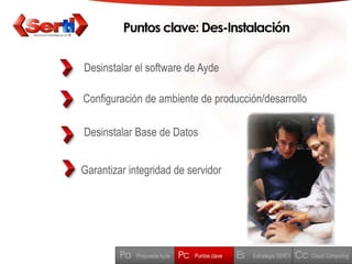 Puntos clave: Des-InstalaciónDesinstalar el software de AydeConfiguración de ambiente de producción/desarrolloDesinstalar Base de DatosGarantizar integridad de servidorPcPaEsCcPuntos clavePropuesta AydeEstratégia SERTICloud Computing