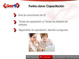 Puntos clave: CapacitaciónNivel de conocimiento de UF.Tiempo de capacitaciónvsTiempo de préstamo de software.Seguimiento de capacitación, atención a preguntas.PcPaEsCcPuntos clavePropuesta AydeEstratégia SERTICloud Computing